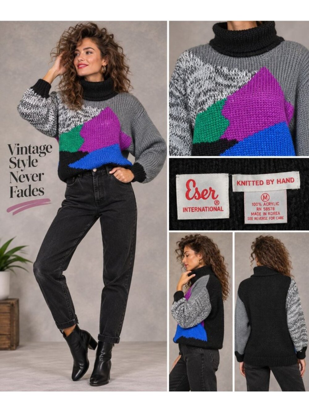 Vintage 80s Eber Hand Knit Sweater M Abstract Colorblock Turtleneck Korea